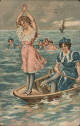Women in Early Swimwear with Rowboat and Swimmers Postcard