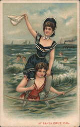 Women Frolicking in Surf, One on Shoulders, Santa Cruz, CA Postcard