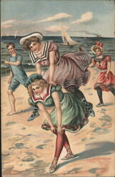 Women and Children Playing Leapfrog on the Beach Postcard