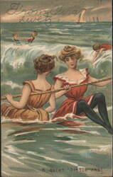 Women in Early 20th Century Swimsuits in the Ocean Postcard