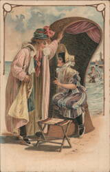 Two Women in Edwardian Beach Attire with Wicker 'Strandkorb' Chair Postcard