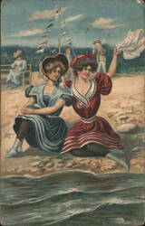 Two Women in Edwardian Swimwear on a Beach, One Waving Postcard