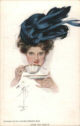 Over the Teacup, Woman with Feathered Hat Postcard