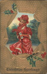 Christmas Greetings - Woman in Red Dress and Hat with Holly Postcard