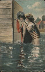 Two Women in Vintage Swimsuits Postcard