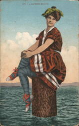 A Bathing Beauty, Woman in Vintage Swimsuit Postcard