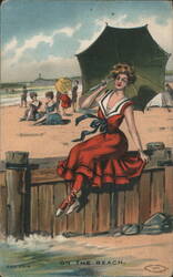 Woman in Red Outfit with Parasol, "On The Beach" Postcard