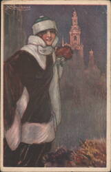 Woman in Fur-Trimmed Coat and Hat, Winter Evening by F. Mauran Postcard