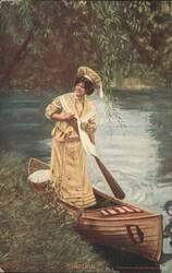 Canoeing - Woman in Period Dress with Paddle and Canoe Postcard