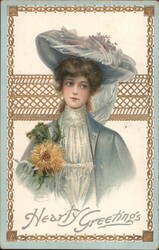 Woman in Elaborate Hat and Blue Outfit, Hearty Greetings Postcard