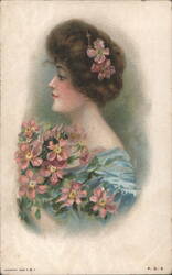 Woman in Profile Holding Bouquet of Pink Flowers Postcard