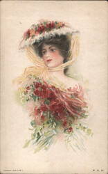 Woman in Rose-Adorned Hat with Bouquet of Roses Postcard