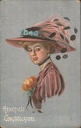 Woman with Feathered Hat, 'Heartiest Congratulations' Postcard