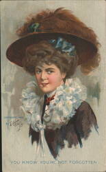Woman in Feathered Hat - You Know You're Not Forgotten, 1908 Postcard