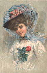 Good-Bye, Woman in Hat with Rose, Art by E.H.K. Postcard