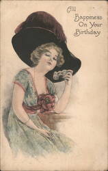 Woman in Large Hat and Opera Glasses, Birthday Greetings Postcard