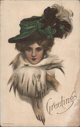 Woman in Green Hat and Fur Stole, Greetings Postcard