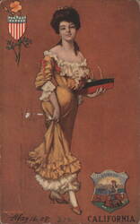 Allegorical Figure of California Holding Model Ship, State Seal & US Flag Shields Postcard