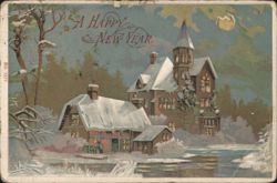 A Happy New Year - Snowy Village at Night Postcard