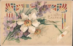 Happy Easter Greetings with Daffodils and Lilac Flowers Postcard