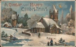 A Bright and Happy Christmas, Snowy Village with Church Postcard