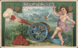 Cupid Firing Hearts from a Cannon, To My Valentine Postcard