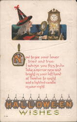 Witch with Mirror and Candle, Halloween Wishes Postcard