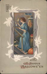 A Joyous Hallowe'en: Woman with Mirror on Stairs Postcard