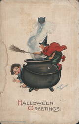 Halloween Greetings, Witch, Boy, and Cauldron Postcard