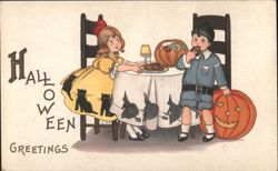 Halloween Greetings, Children Eating Donuts with JOLs Postcard