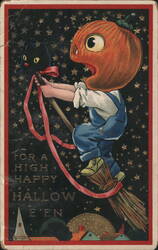 Happy Hallow E'en: Child on Broomstick with JOL and Black Cat Postcard