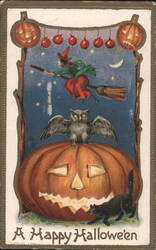 A Happy Halloween, Witch, Owl, Black Cat and JOL Postcard