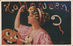 Halloween: Woman with Apple and Jack-O-Lantern Postcard