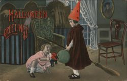 Halloween Greetings, Children with Witch on Broom Postcard