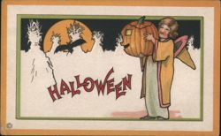 Halloween Witch Little Girl with Jack-O-Lantern Postcard