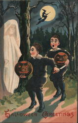 Halloween Greetings: Boys with JOLs, Ghost, and Witch Postcard