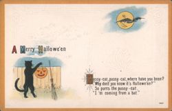 A Merry Hallowe'en - Black Cat, JOL, and Bat Postcard