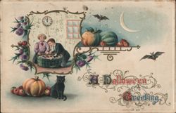 A Halloween Greeting, Children Bobbing for Apples, Black Cat Postcard