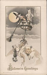 Halloween Greetings: Witch and Ghost in Hot Air Balloon Postcard