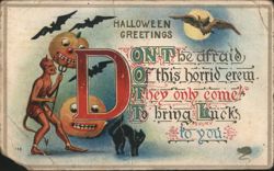 Halloween Greetings: Devil, JOLs, Bats, Black Cat Postcard
