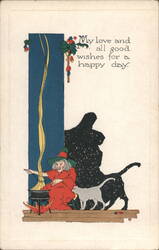 Witch, Black Cat, and Cauldron Postcard