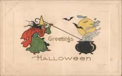 Witch with Cauldron, Halloween Greetings Postcard