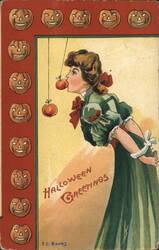 Halloween Greetings, Woman Bobbing for Apples Postcard