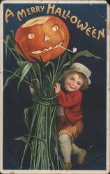 A Merry Halloween - Child with JOL and Corn Stalks Postcard