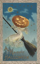 Pumpkin Head Witch on Broom Postcard