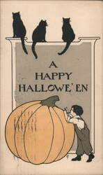 A Happy Hallowe'en: Boy with JOL and Black Cats Postcard