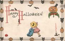 Happy Halloween - Children Hugging, JOL, Black Cats Postcard