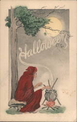 Halloween Witch Cooking in Cauldron Postcard