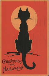Black Cat with Full Moon, Greetings for Hallowe'en Postcard