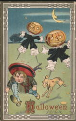 Boy and Dog Running from JOL Scarecrows Postcard